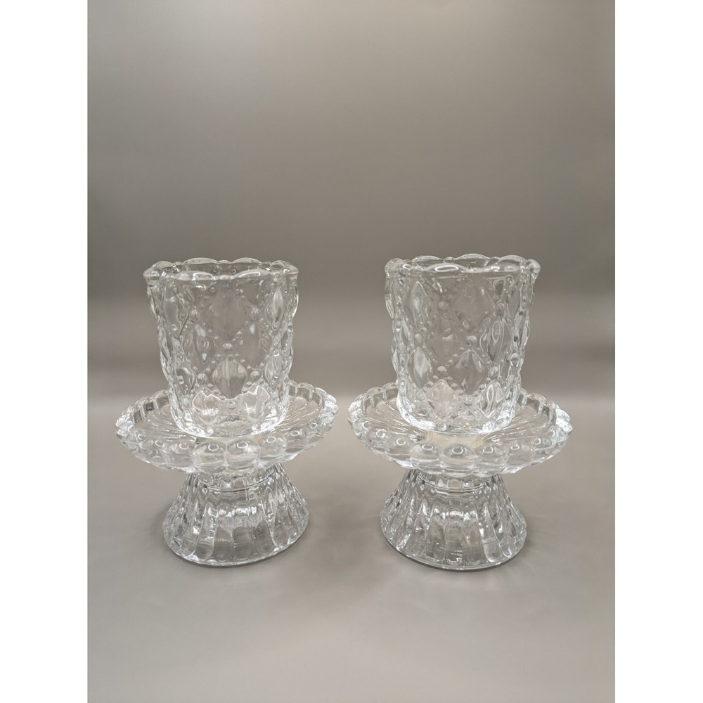 Partylite Crystal Quilted Shell Rib Votive Candle Holders Glass Set Of 2. P9246